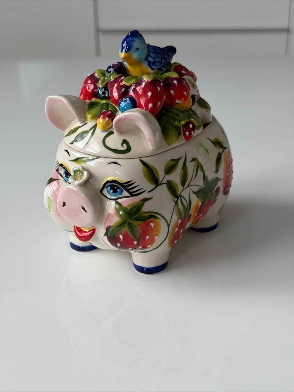 Blue Sky Heather J. McCall 2004 Hand-Painted Strawberry Pig Sugar Bowl Jam Pot